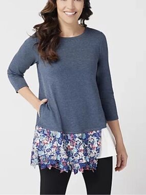 LOGO Lounge French Terry Top Poplin Ruffle Hem Small 3/4 Sleeve Pockets Boho